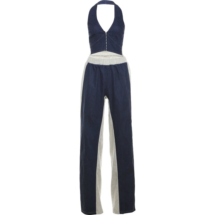Weird Puss Sporty Women 2 Piece Set Tracksuit Zip Halter Single-Breasted Tank Tops+Straight Pants Matching Streetwear Outfits - Vogue Vista UK