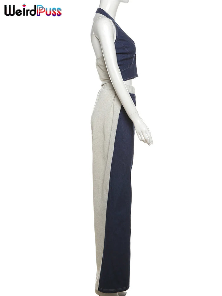 Weird Puss Sporty Women 2 Piece Set Tracksuit Zip Halter Single-Breasted Tank Tops+Straight Pants Matching Streetwear Outfits - Vogue Vista UK