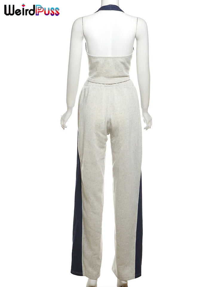 Weird Puss Sporty Women 2 Piece Set Tracksuit Zip Halter Single-Breasted Tank Tops+Straight Pants Matching Streetwear Outfits - Vogue Vista UK