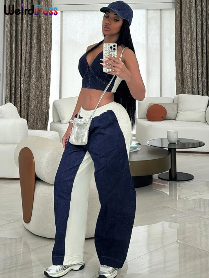Weird Puss Sporty Women 2 Piece Set Tracksuit Zip Halter Single-Breasted Tank Tops+Straight Pants Matching Streetwear Outfits - Vogue Vista UK