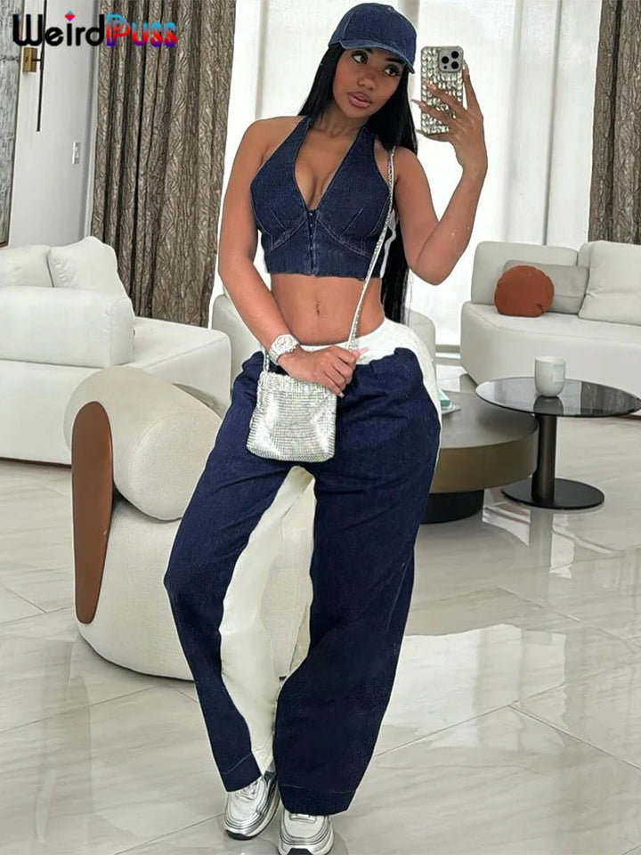Weird Puss Sporty Women 2 Piece Set Tracksuit Zip Halter Single-Breasted Tank Tops+Straight Pants Matching Streetwear Outfits - Vogue Vista UK