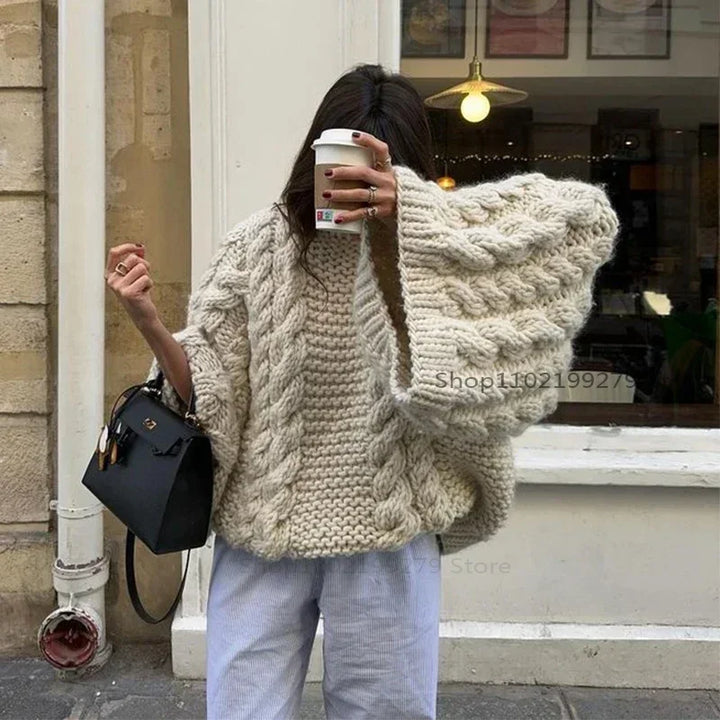 Vintage Knitted Women Pullover O-neck Full Sleeves Twist Female Sweater 2024 Autumn Winter Casual Oversize Solid Lady Sweaters - Vogue Vista UK
