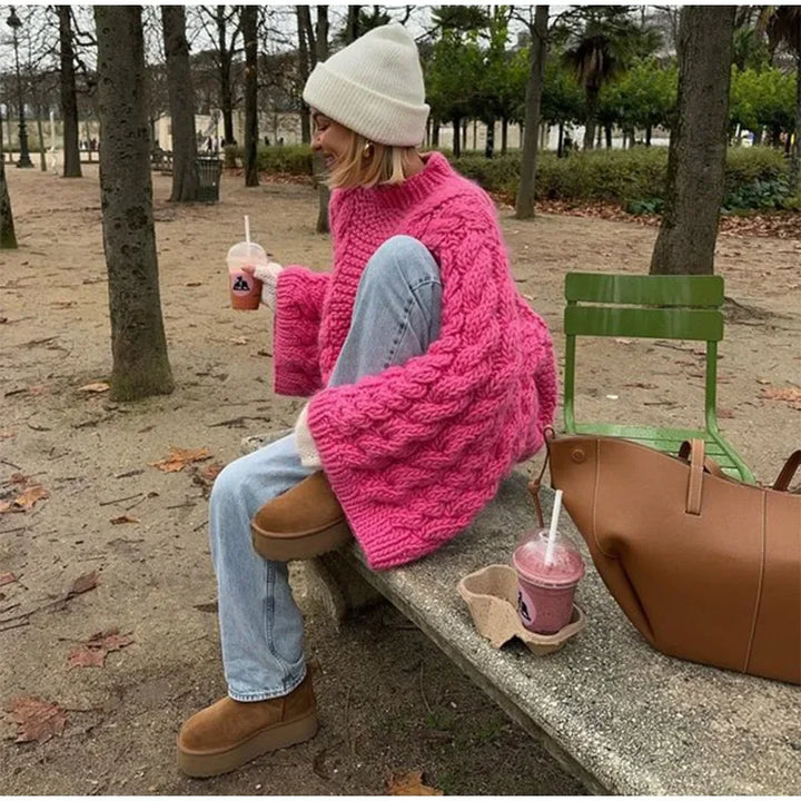 Vintage Knitted Women Pullover O-neck Full Sleeves Twist Female Sweater 2024 Autumn Winter Casual Oversize Solid Lady Sweaters - Vogue Vista UK