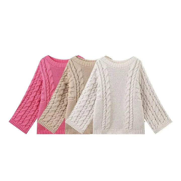 Vintage Knitted Women Pullover O-neck Full Sleeves Twist Female Sweater 2024 Autumn Winter Casual Oversize Solid Lady Sweaters - Vogue Vista UK