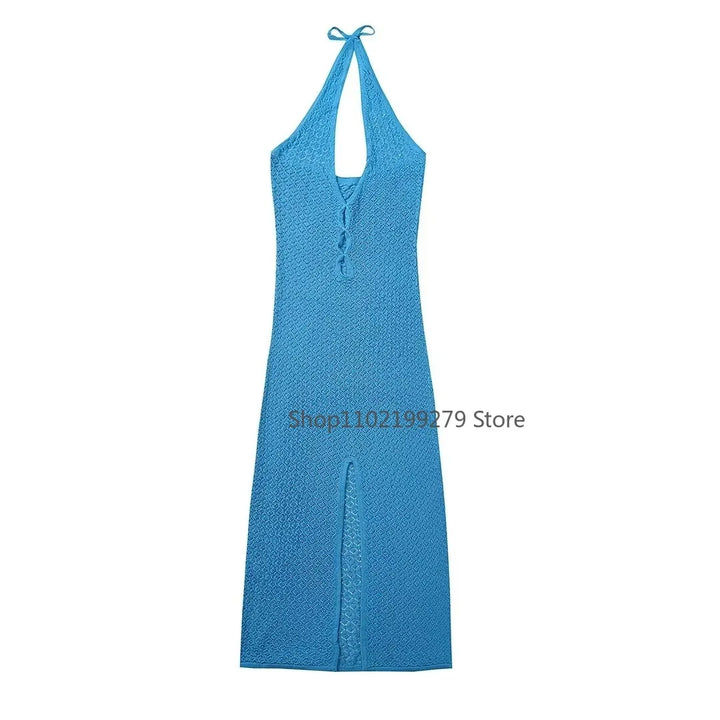 Summer Knitted Hollow Out Long Dress Women Sleeveless Deep V-neck Split Solid Slim Dresses Fashion 2025 Lady Beach Vacation Robe - Vogue Vista UK