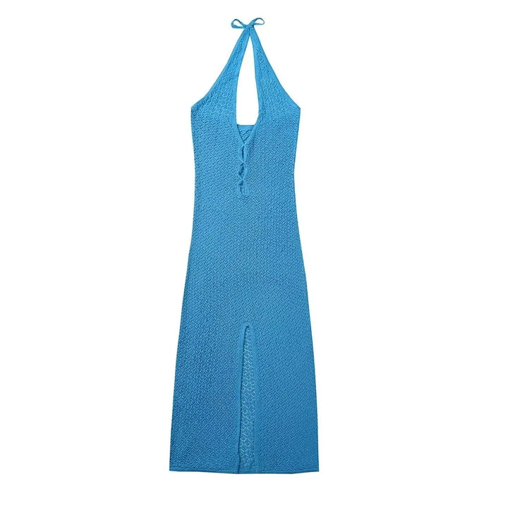 Summer Knitted Hollow Out Long Dress Women Sleeveless Deep V-neck Split Solid Slim Dresses Fashion 2025 Lady Beach Vacation Robe - Vogue Vista UK