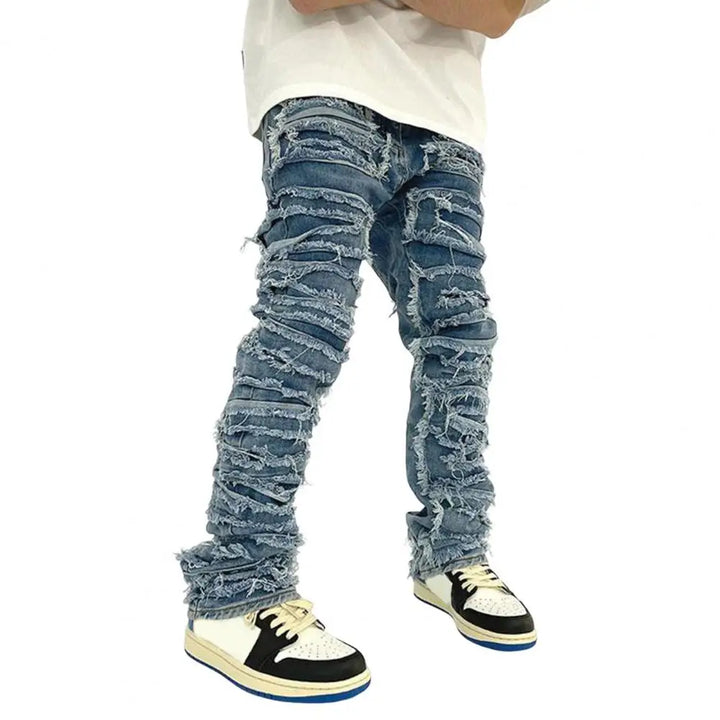 Men Jeans Stylish Men's Distressed Denim Pants with Tassel Edges Straight Leg Trousers for Wear Zipper Button Fly Jeans for Men - Vogue Vista UK
