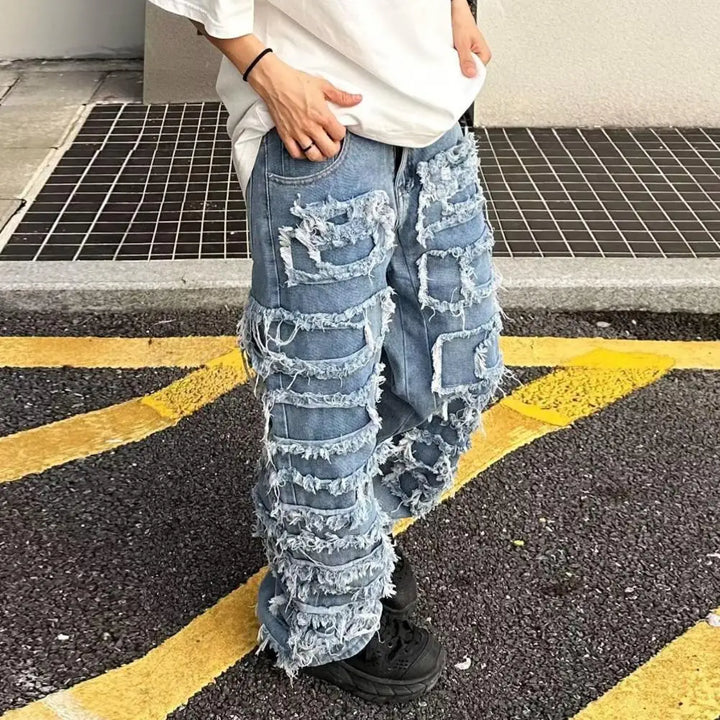 Men Jeans Stylish Men's Distressed Denim Pants with Tassel Edges Straight Leg Trousers for Wear Zipper Button Fly Jeans for Men - Vogue Vista UK