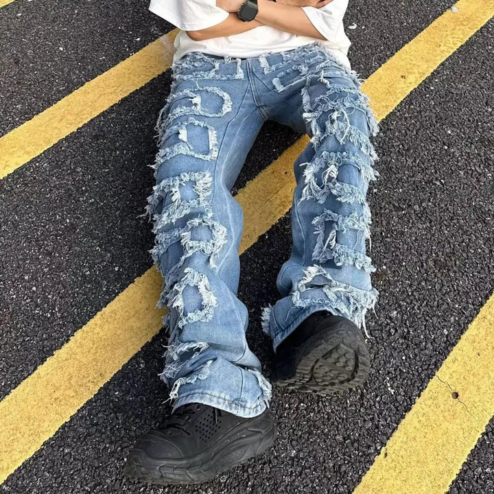 Men Jeans Stylish Men's Distressed Denim Pants with Tassel Edges Straight Leg Trousers for Wear Zipper Button Fly Jeans for Men - Vogue Vista UK