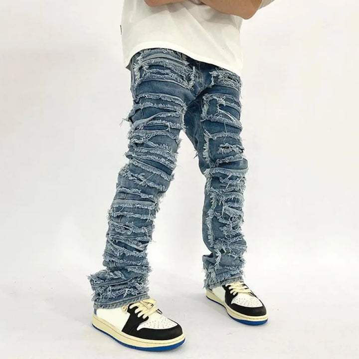 Men Jeans Stylish Men's Distressed Denim Pants with Tassel Edges Straight Leg Trousers for Wear Zipper Button Fly Jeans for Men - Vogue Vista UK