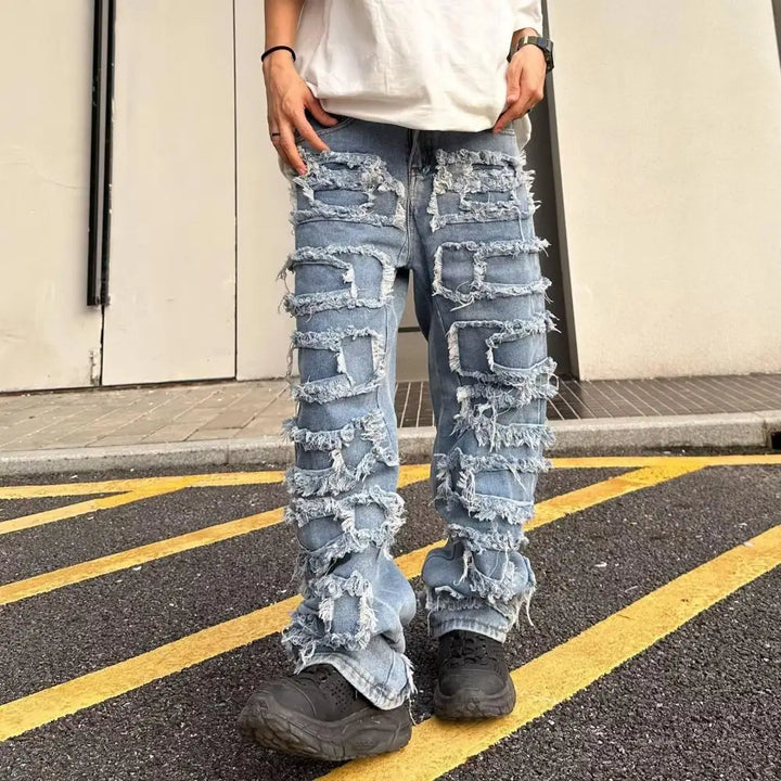 Men Jeans Stylish Men's Distressed Denim Pants with Tassel Edges Straight Leg Trousers for Wear Zipper Button Fly Jeans for Men - Vogue Vista UK