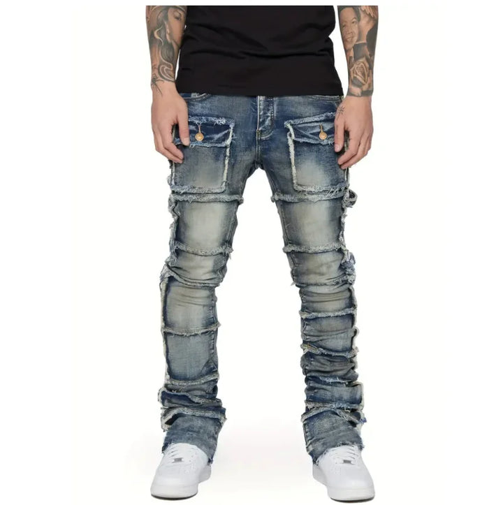DistMurcia-Jean Déchiré Slim Fit pour Homme, Patchwork Empilé, Jambe Droite, Pantalon en Denim Commandé avec Poches, Streetwear - Vogue Vista UK