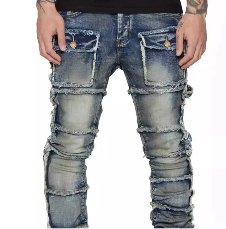 DistMurcia-Jean Déchiré Slim Fit pour Homme, Patchwork Empilé, Jambe Droite, Pantalon en Denim Commandé avec Poches, Streetwear - Vogue Vista UK