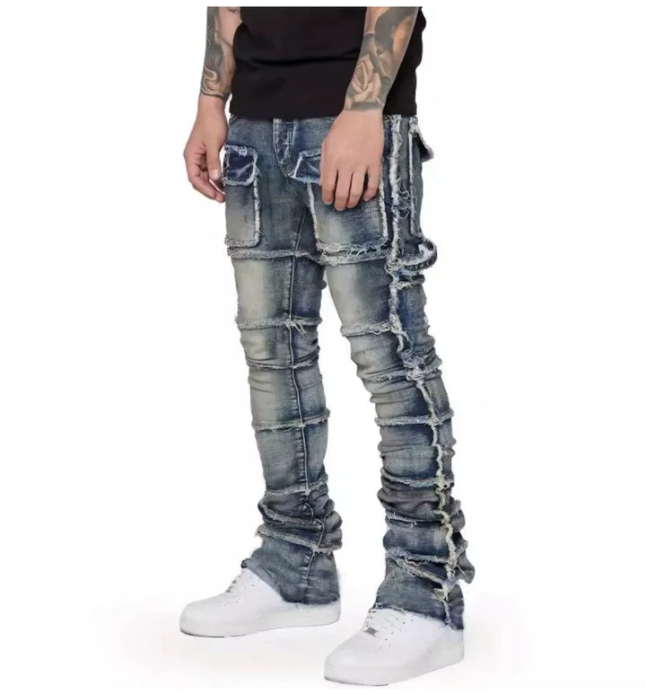 DistMurcia-Jean Déchiré Slim Fit pour Homme, Patchwork Empilé, Jambe Droite, Pantalon en Denim Commandé avec Poches, Streetwear - Vogue Vista UK