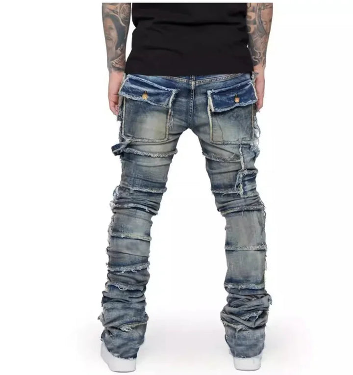 DistMurcia-Jean Déchiré Slim Fit pour Homme, Patchwork Empilé, Jambe Droite, Pantalon en Denim Commandé avec Poches, Streetwear - Vogue Vista UK