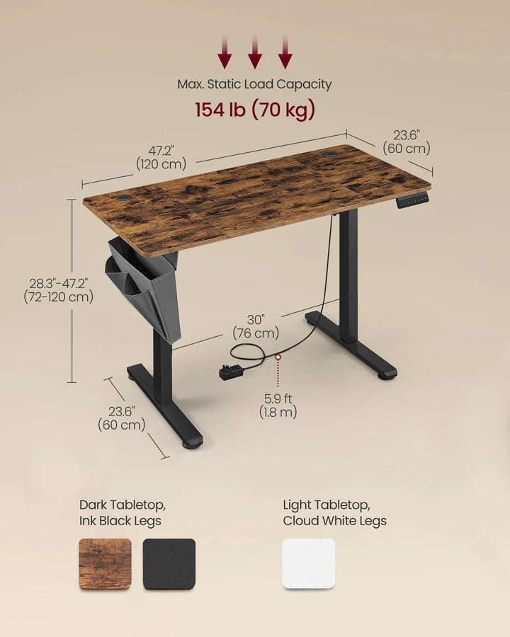 VASAGLE Electric Standing Desk, Height Adjustable Desk, 60 x 120 x (72-120) cm, 4 Memory Heights, Storage Pocket - Vogue Vista UK