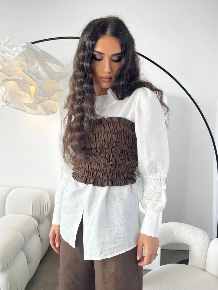 BALOU Elasticated Linen Bandeau Top Chocolate - Vogue Vista UK