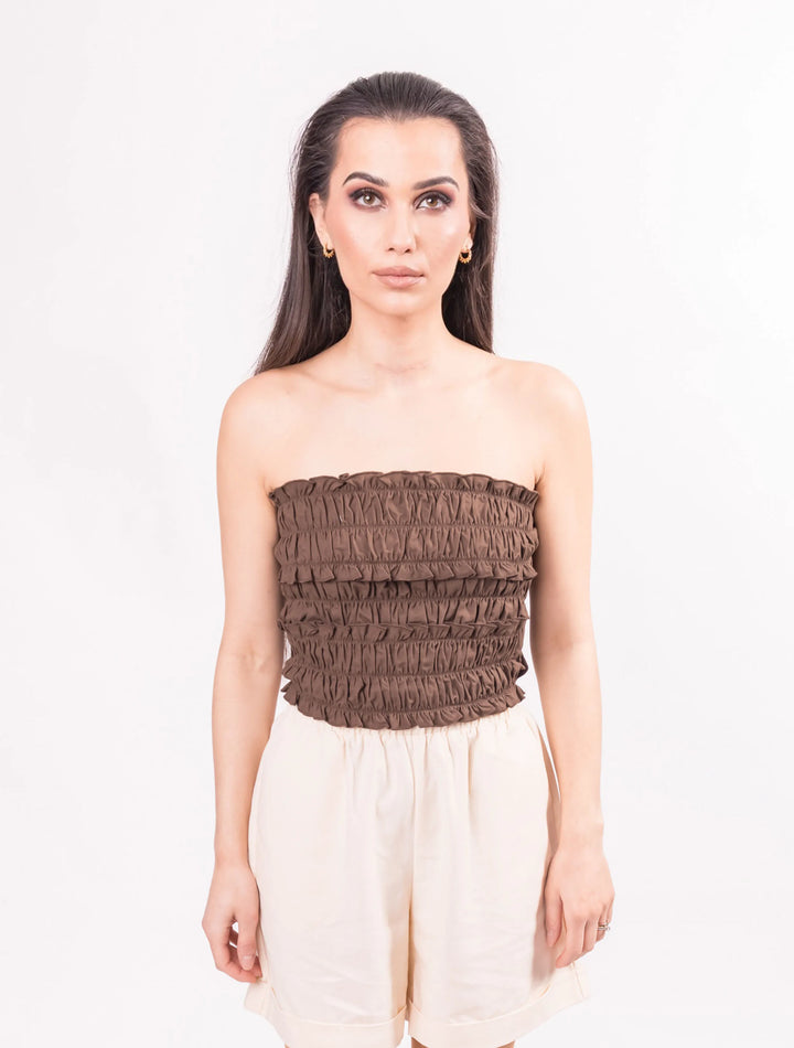 BALOU Elasticated Linen Bandeau Top Chocolate - Vogue Vista UK