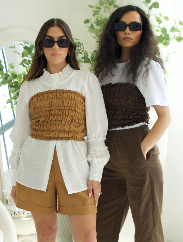 BALOU Elasticated Linen Bandeau Top Chocolate - Vogue Vista UK