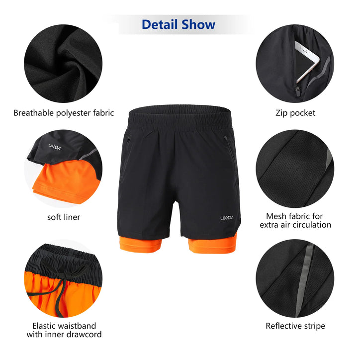 Lixada Men 2 in 1 Running Shorts Quick Drying Breathable Active Training Exercise Jogging Marathon Cycle Shorts - Vogue Vista UK