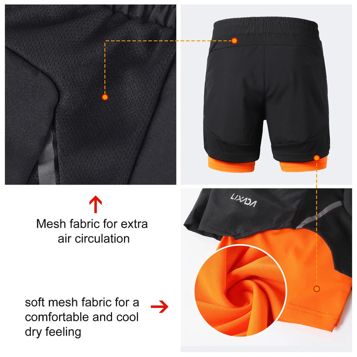Lixada Men 2 in 1 Running Shorts Quick Drying Breathable Active Training Exercise Jogging Marathon Cycle Shorts - Vogue Vista UK