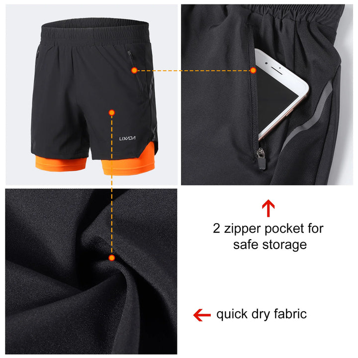 Lixada Men 2 in 1 Running Shorts Quick Drying Breathable Active Training Exercise Jogging Marathon Cycle Shorts - Vogue Vista UK