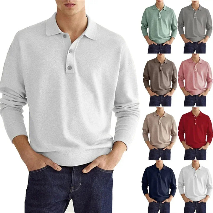 Men's Long Sleeve POLO Shirt Solid Color Lapel Button Office Commuter Business Casual Pullover Fashion Sports T-shirt S-3XL - Vogue Vista UK