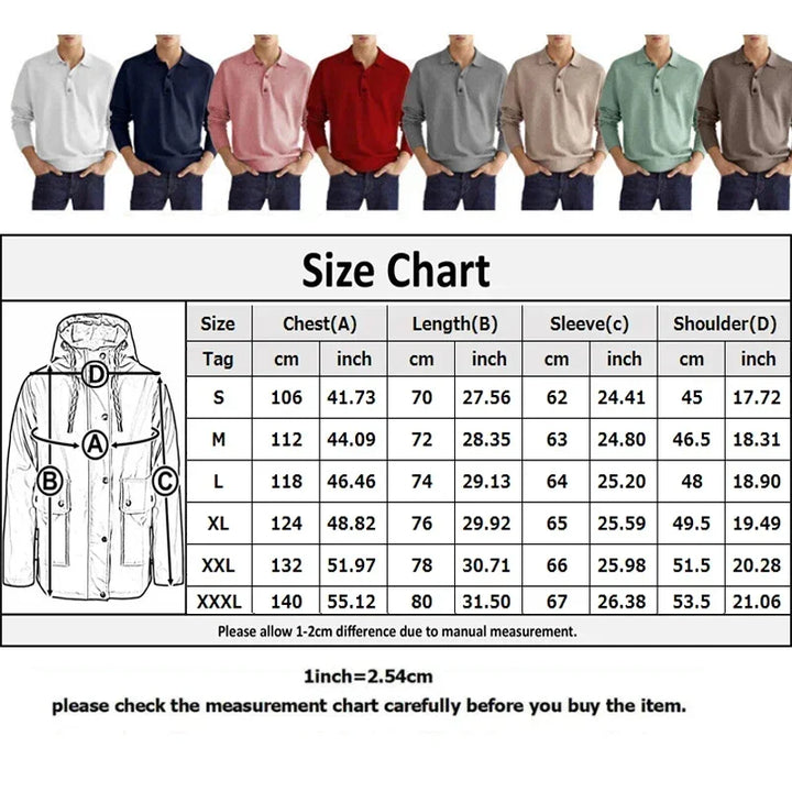 Men's Long Sleeve POLO Shirt Solid Color Lapel Button Office Commuter Business Casual Pullover Fashion Sports T-shirt S-3XL - Vogue Vista UK