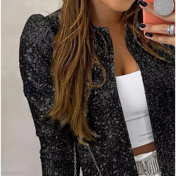 2024 New Women's Sequin Jacket Open Front Casual Long Sleeve Cardigan Coat Collarless Glitter Short Jacket Chaquetas - Vogue Vista UK