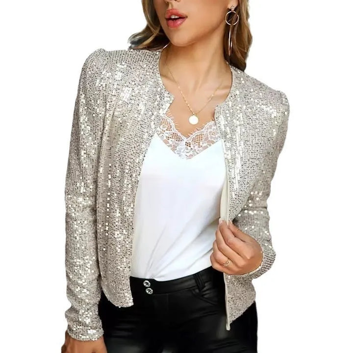 2024 New Women's Sequin Jacket Open Front Casual Long Sleeve Cardigan Coat Collarless Glitter Short Jacket Chaquetas - Vogue Vista UK