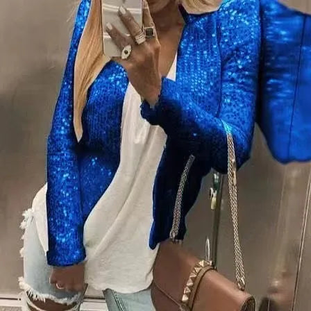 2024 New Women's Sequin Jacket Open Front Casual Long Sleeve Cardigan Coat Collarless Glitter Short Jacket Chaquetas - Vogue Vista UK