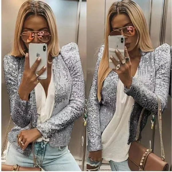 2024 New Women's Sequin Jacket Open Front Casual Long Sleeve Cardigan Coat Collarless Glitter Short Jacket Chaquetas - Vogue Vista UK