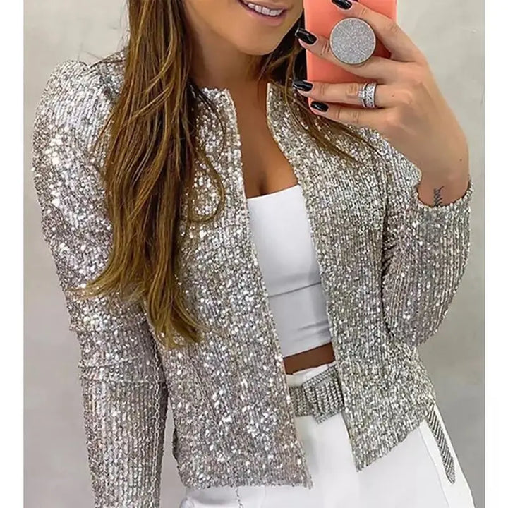 2024 New Women's Sequin Jacket Open Front Casual Long Sleeve Cardigan Coat Collarless Glitter Short Jacket Chaquetas - Vogue Vista UK