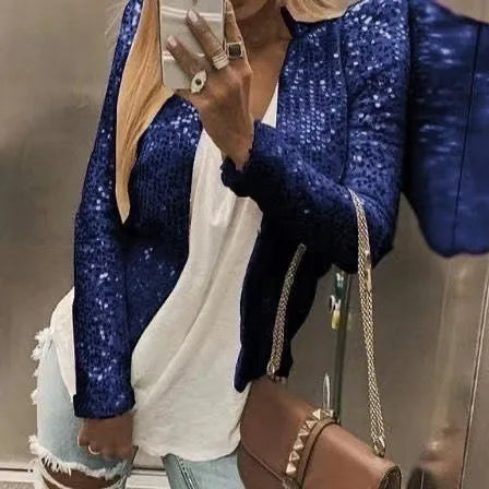 2024 New Women's Sequin Jacket Open Front Casual Long Sleeve Cardigan Coat Collarless Glitter Short Jacket Chaquetas - Vogue Vista UK