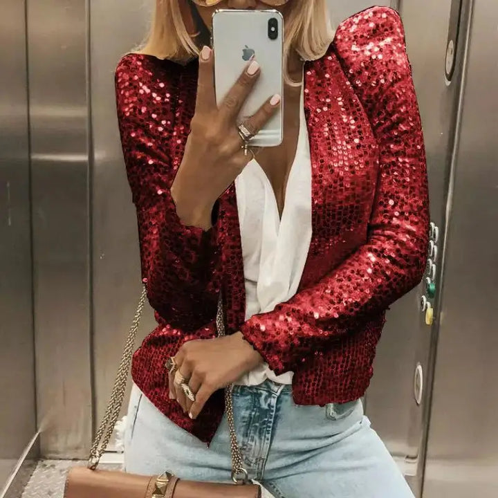 2024 New Women's Sequin Jacket Open Front Casual Long Sleeve Cardigan Coat Collarless Glitter Short Jacket Chaquetas - Vogue Vista UK