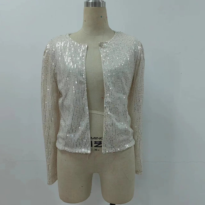 2024 New Women's Sequin Jacket Open Front Casual Long Sleeve Cardigan Coat Collarless Glitter Short Jacket Chaquetas - Vogue Vista UK