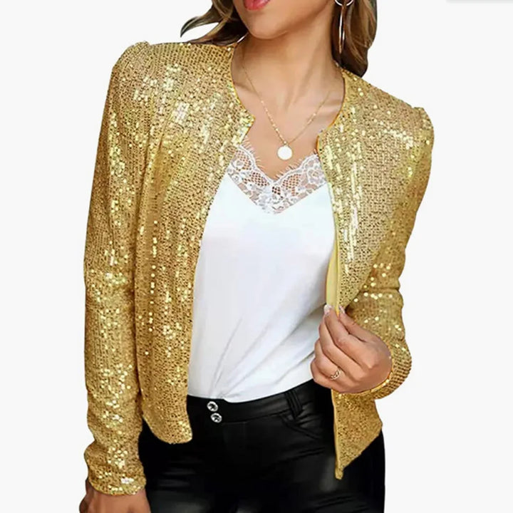 2024 New Women's Sequin Jacket Open Front Casual Long Sleeve Cardigan Coat Collarless Glitter Short Jacket Chaquetas - Vogue Vista UK