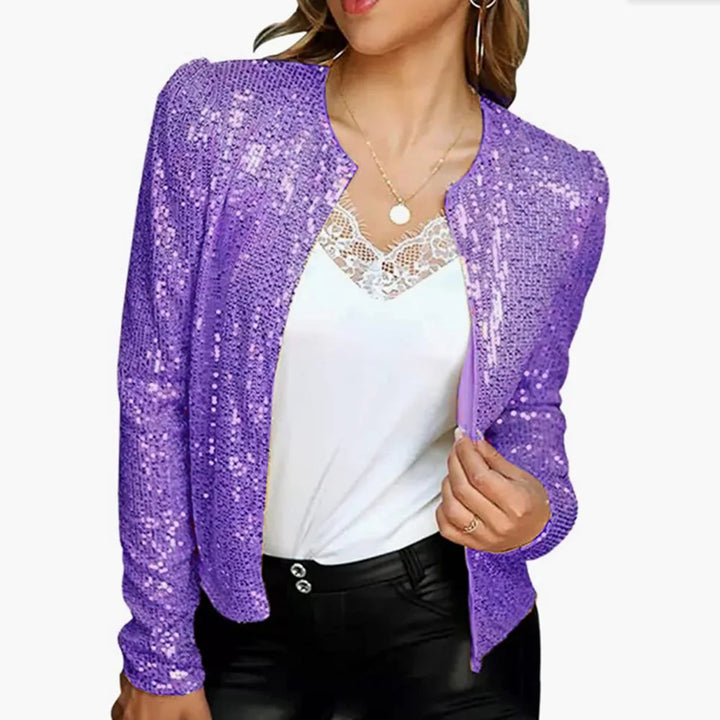 2024 New Women's Sequin Jacket Open Front Casual Long Sleeve Cardigan Coat Collarless Glitter Short Jacket Chaquetas - Vogue Vista UK