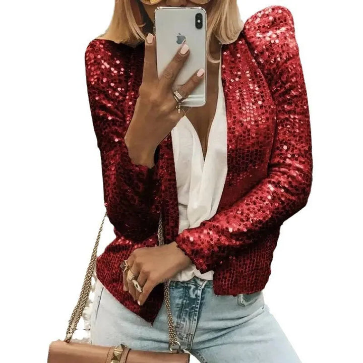 2024 New Women's Sequin Jacket Open Front Casual Long Sleeve Cardigan Coat Collarless Glitter Short Jacket Chaquetas - Vogue Vista UK