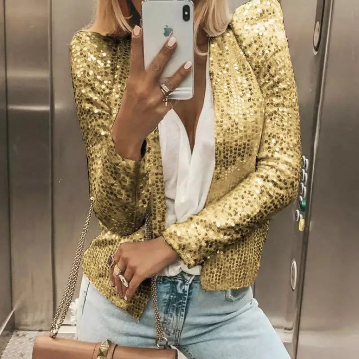 2024 New Women's Sequin Jacket Open Front Casual Long Sleeve Cardigan Coat Collarless Glitter Short Jacket Chaquetas - Vogue Vista UK