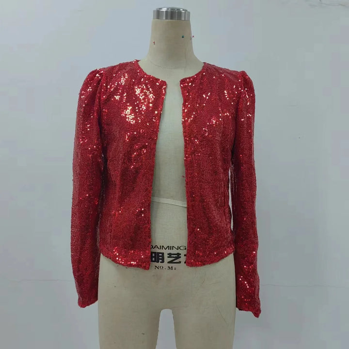 2024 New Women's Sequin Jacket Open Front Casual Long Sleeve Cardigan Coat Collarless Glitter Short Jacket Chaquetas - Vogue Vista UK
