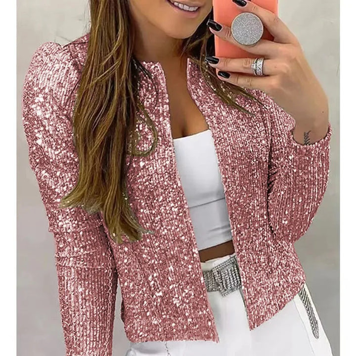 2024 New Women's Sequin Jacket Open Front Casual Long Sleeve Cardigan Coat Collarless Glitter Short Jacket Chaquetas - Vogue Vista UK