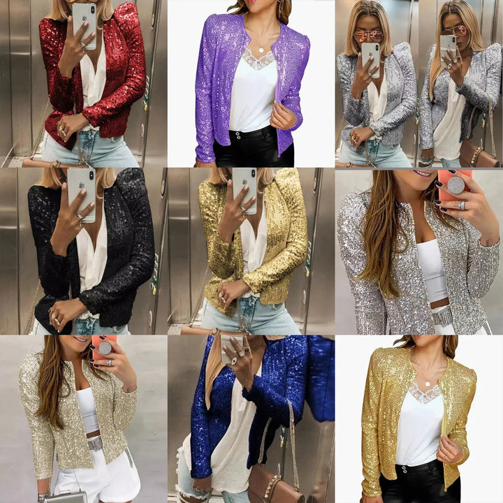 2024 New Women's Sequin Jacket Open Front Casual Long Sleeve Cardigan Coat Collarless Glitter Short Jacket Chaquetas - Vogue Vista UK