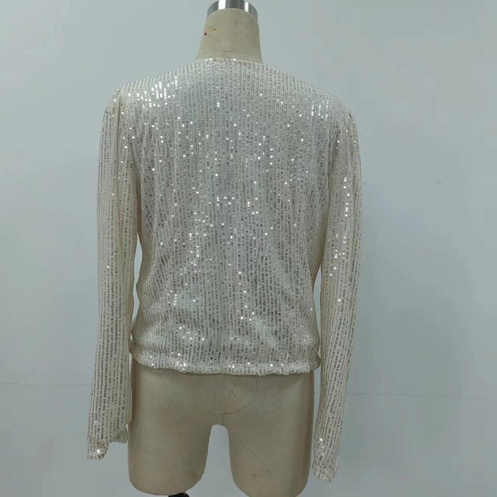 2024 New Women's Sequin Jacket Open Front Casual Long Sleeve Cardigan Coat Collarless Glitter Short Jacket Chaquetas - Vogue Vista UK