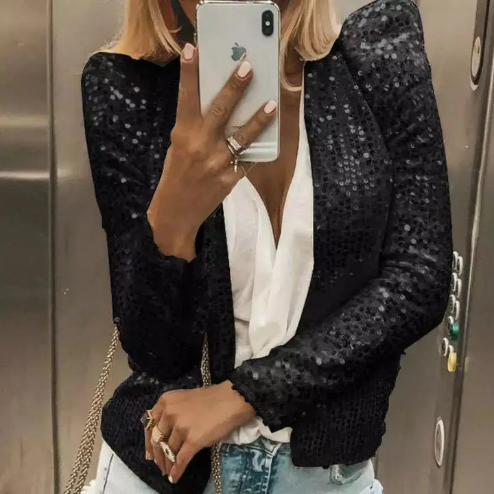 2024 New Women's Sequin Jacket Open Front Casual Long Sleeve Cardigan Coat Collarless Glitter Short Jacket Chaquetas - Vogue Vista UK