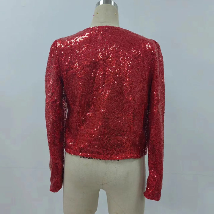 2024 New Women's Sequin Jacket Open Front Casual Long Sleeve Cardigan Coat Collarless Glitter Short Jacket Chaquetas - Vogue Vista UK