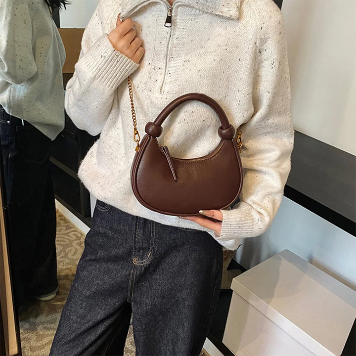 2025 New PU Leather Handbag Solid Casual Crossbody Bags for Women Zipper Top-Handle Bags Chain Shoulder Bags Trend Crescent Bags - Vogue Vista UK