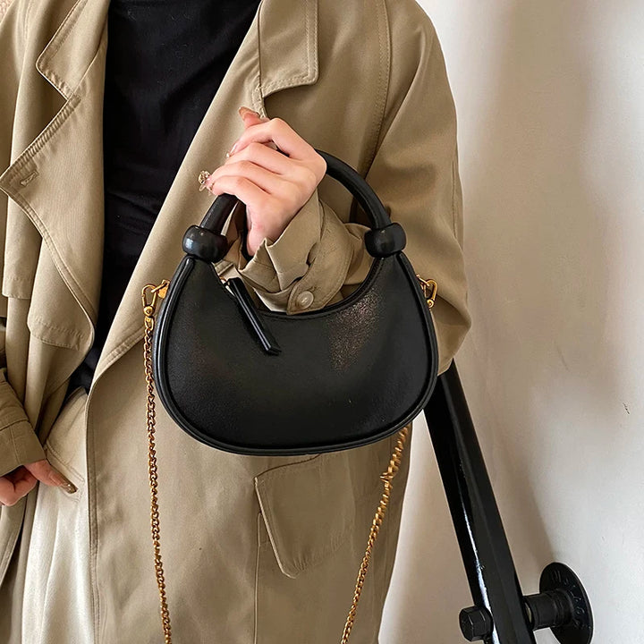 2025 New PU Leather Handbag Solid Casual Crossbody Bags for Women Zipper Top-Handle Bags Chain Shoulder Bags Trend Crescent Bags - Vogue Vista UK