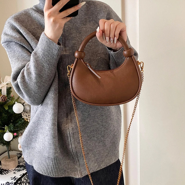 2025 New PU Leather Handbag Solid Casual Crossbody Bags for Women Zipper Top-Handle Bags Chain Shoulder Bags Trend Crescent Bags - Vogue Vista UK