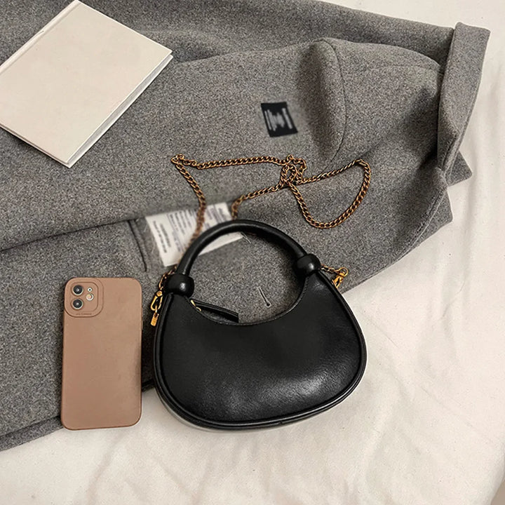 2025 New PU Leather Handbag Solid Casual Crossbody Bags for Women Zipper Top-Handle Bags Chain Shoulder Bags Trend Crescent Bags - Vogue Vista UK